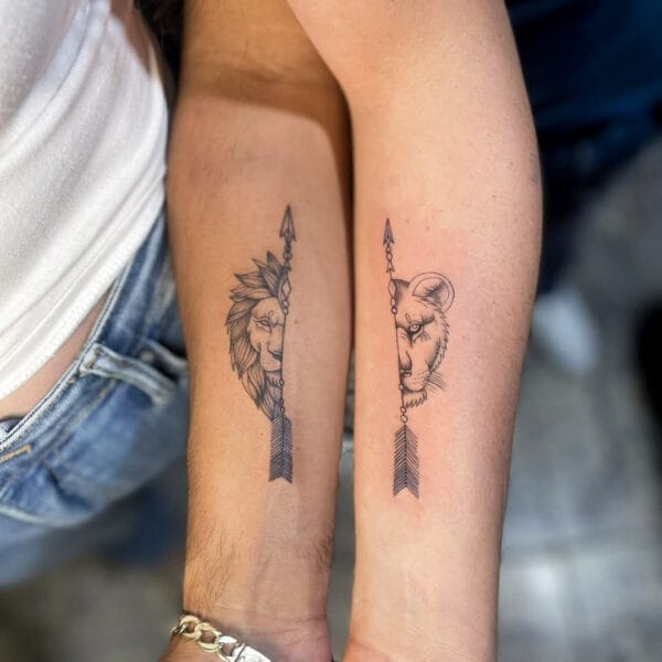 Forearm Couple Tattoos with Arrow and Lion
