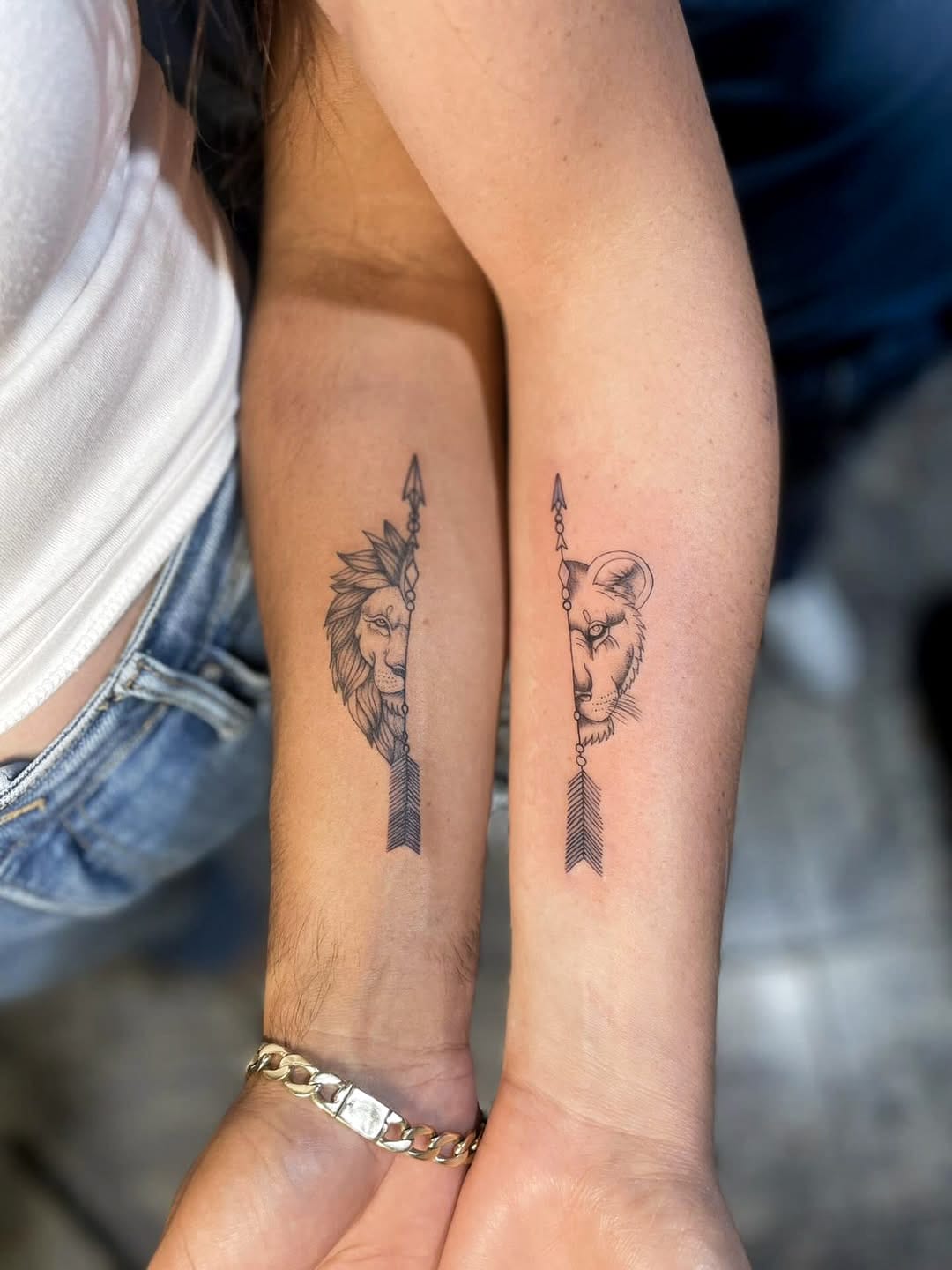 Forearm Couple Tattoos with Arrow and Lion