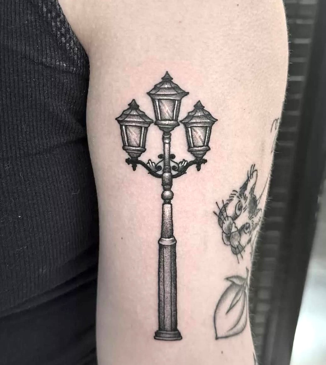 Black and Gray Street Lantern Tattoo on Arm