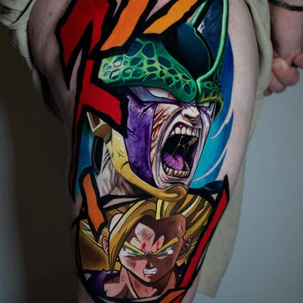 Dragon Ball Gohan and Cell Tattoo on Thigh
