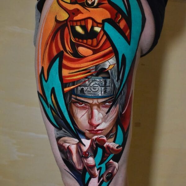 Realistic Itachi Uchiha Portrait Tattoo on Thigh