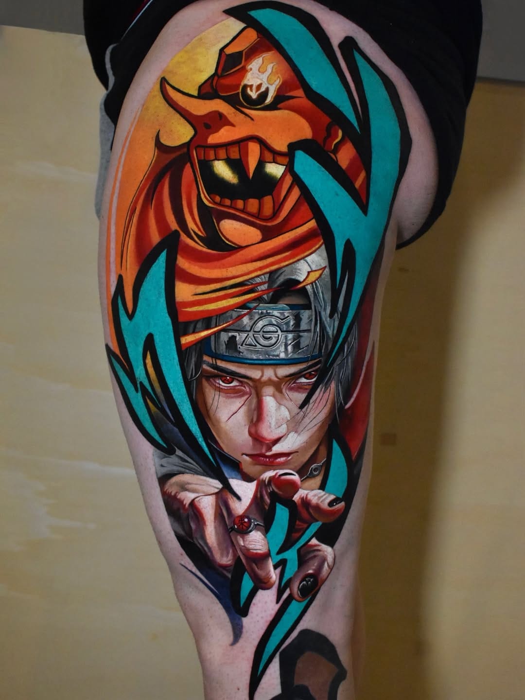 Realistic Itachi Uchiha Portrait Tattoo on Thigh