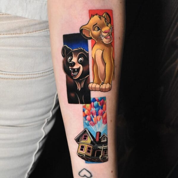 Colorful Disney and Pixar Tattoos on Forearm