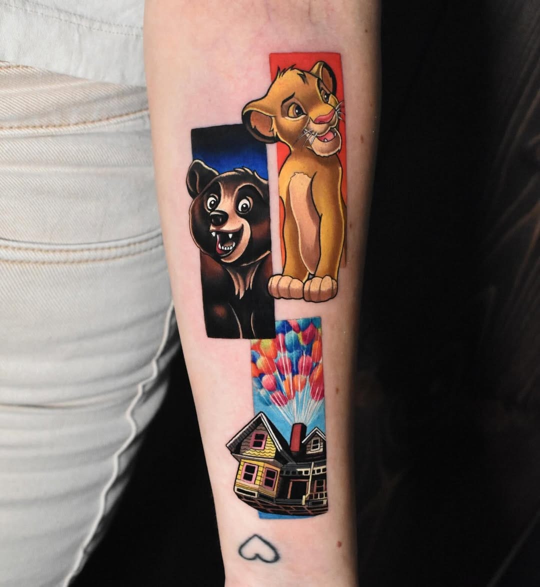 Colorful Disney and Pixar Tattoos on Forearm