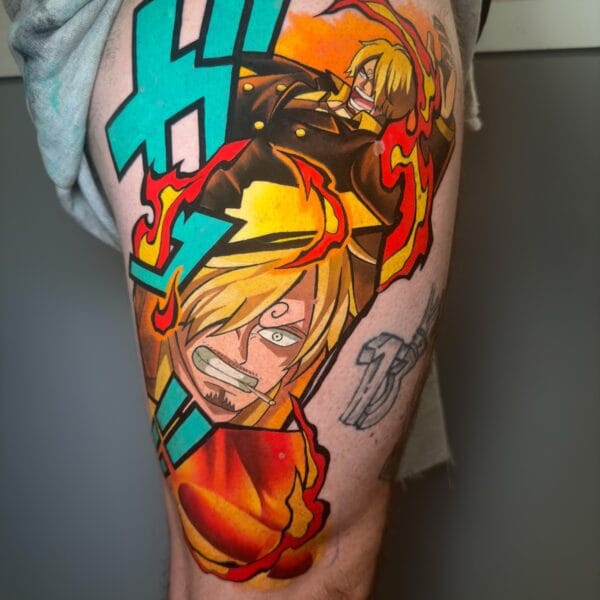 Vibrant Sanji Anime Tattoo on Thigh