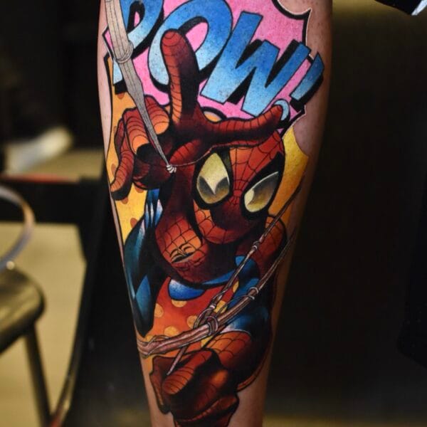 Vibrant Spider Man Tattoo on Calf