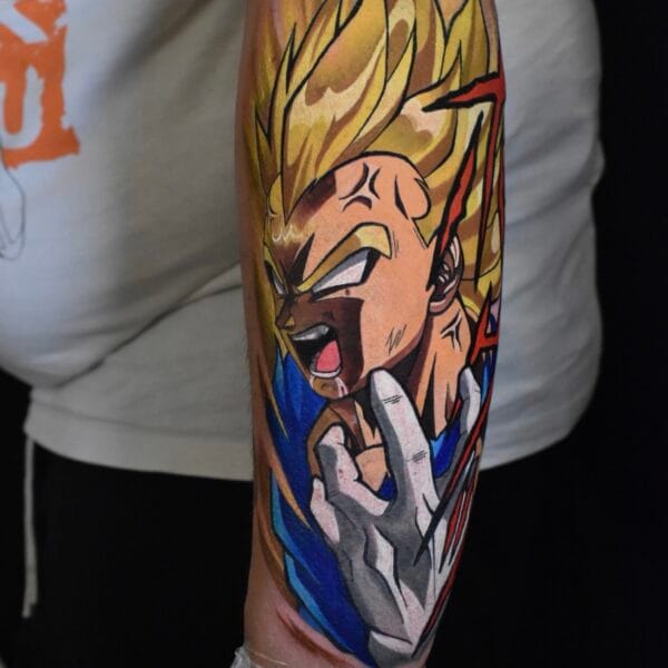 Vibrant Majin Vegeta Anime Tattoo on Forearm