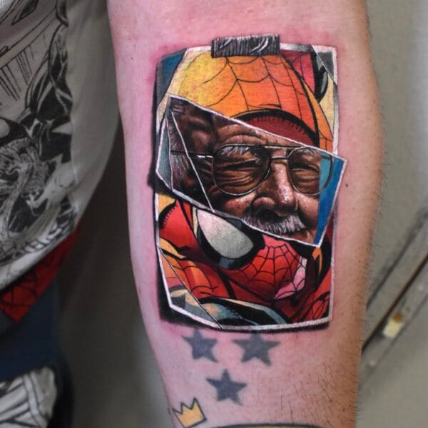Realistic Marvel-Inspired Stan Lee and Spider-Man Tattoo on Forearm
