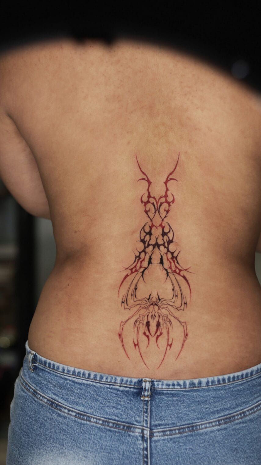 along the spine cybersigilism tattoo with a spider and heart and a touch of color