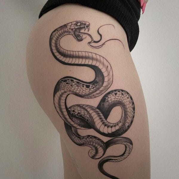 Black And Gray Snake Hip Tattoo