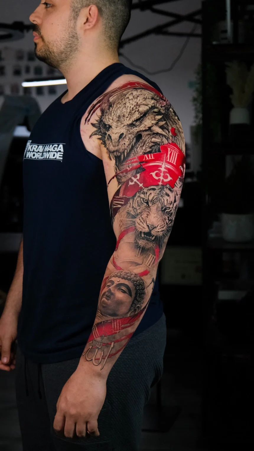 dragon tiger buddha realism sleeve tattoo mid city