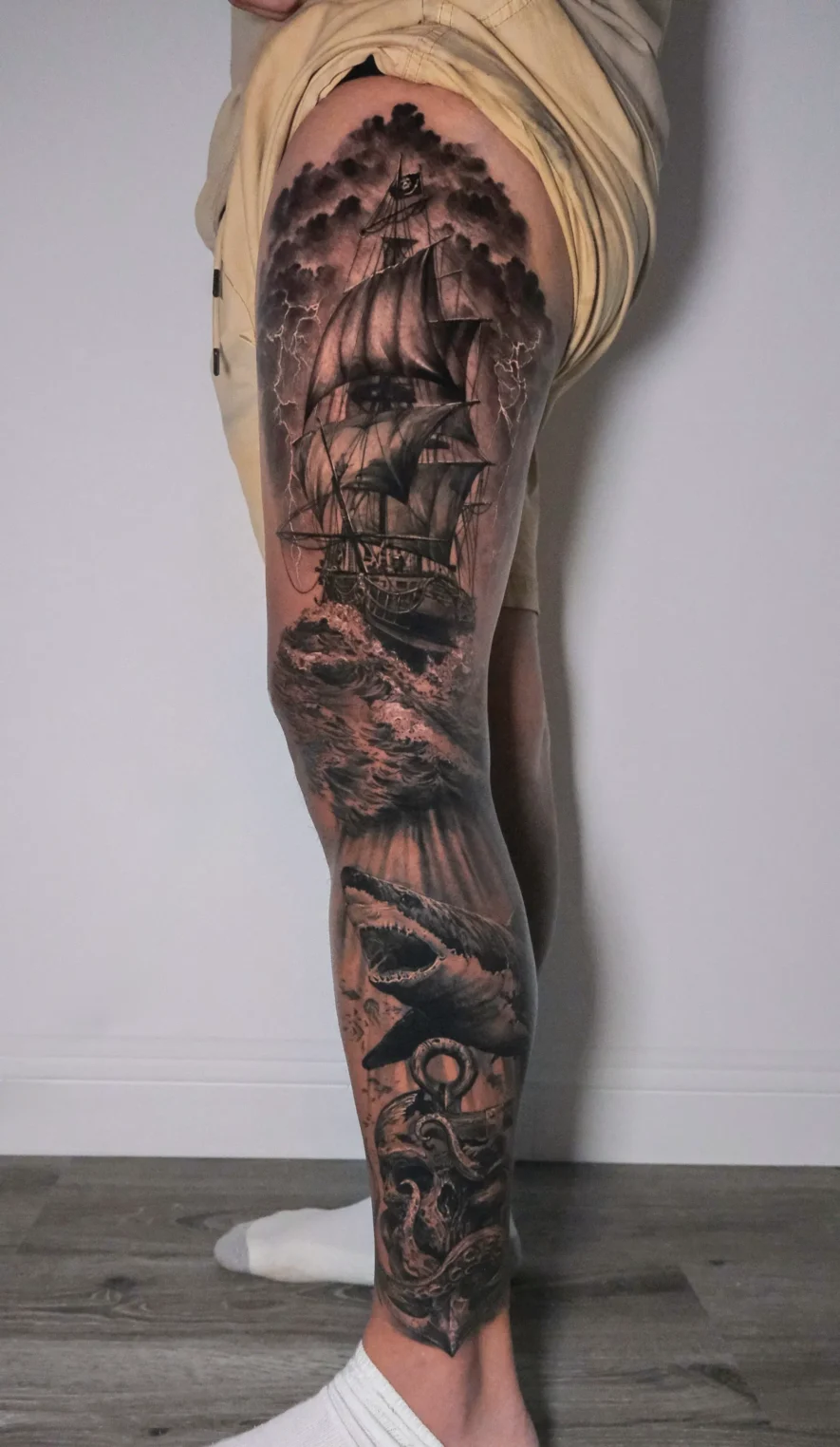 black and grey realism tattoo leg sleeve los angeles