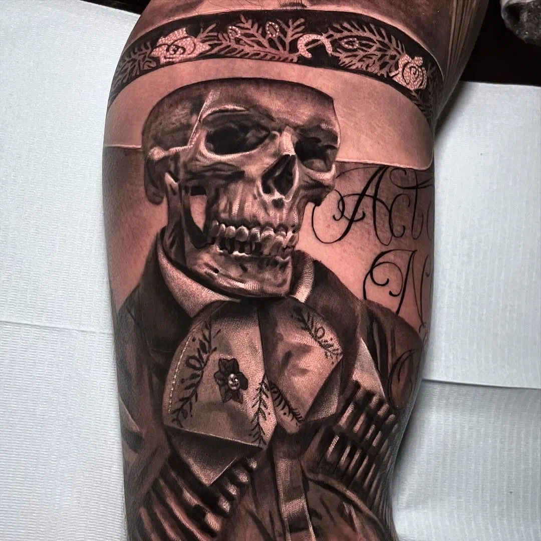 black and grey realism skeleton tattoo mid city