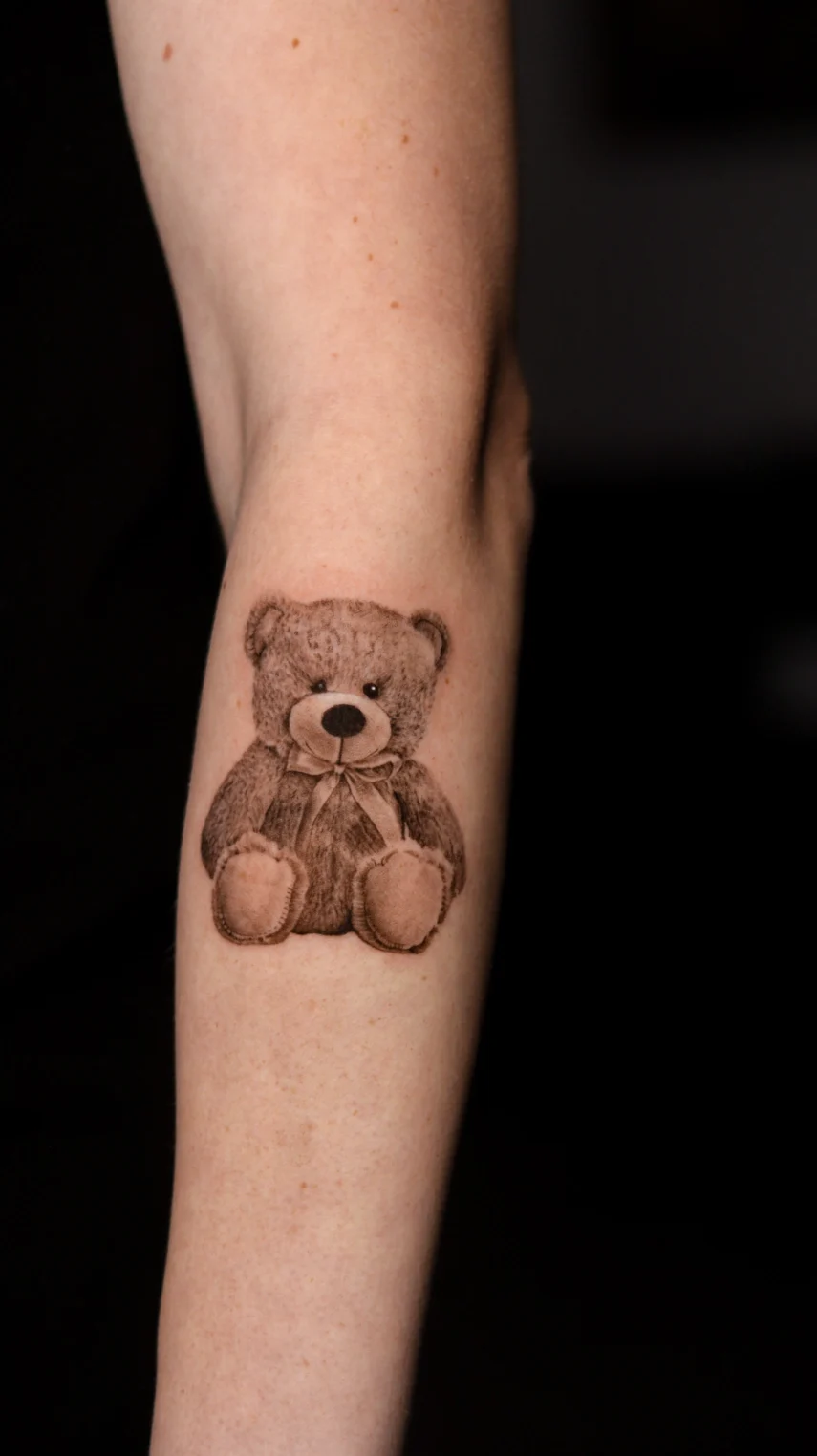black and gray teddy bear micro realism tattoo mar vista