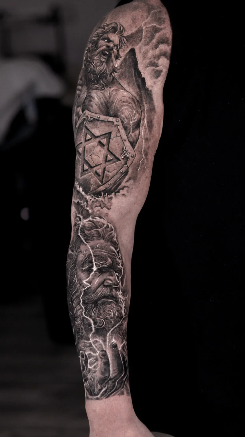 mythology black and gray realism sleeve tattoo culver city