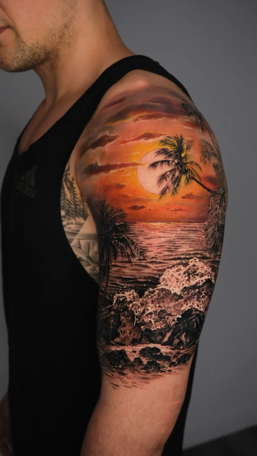 sunset on a beach realism tattoo la