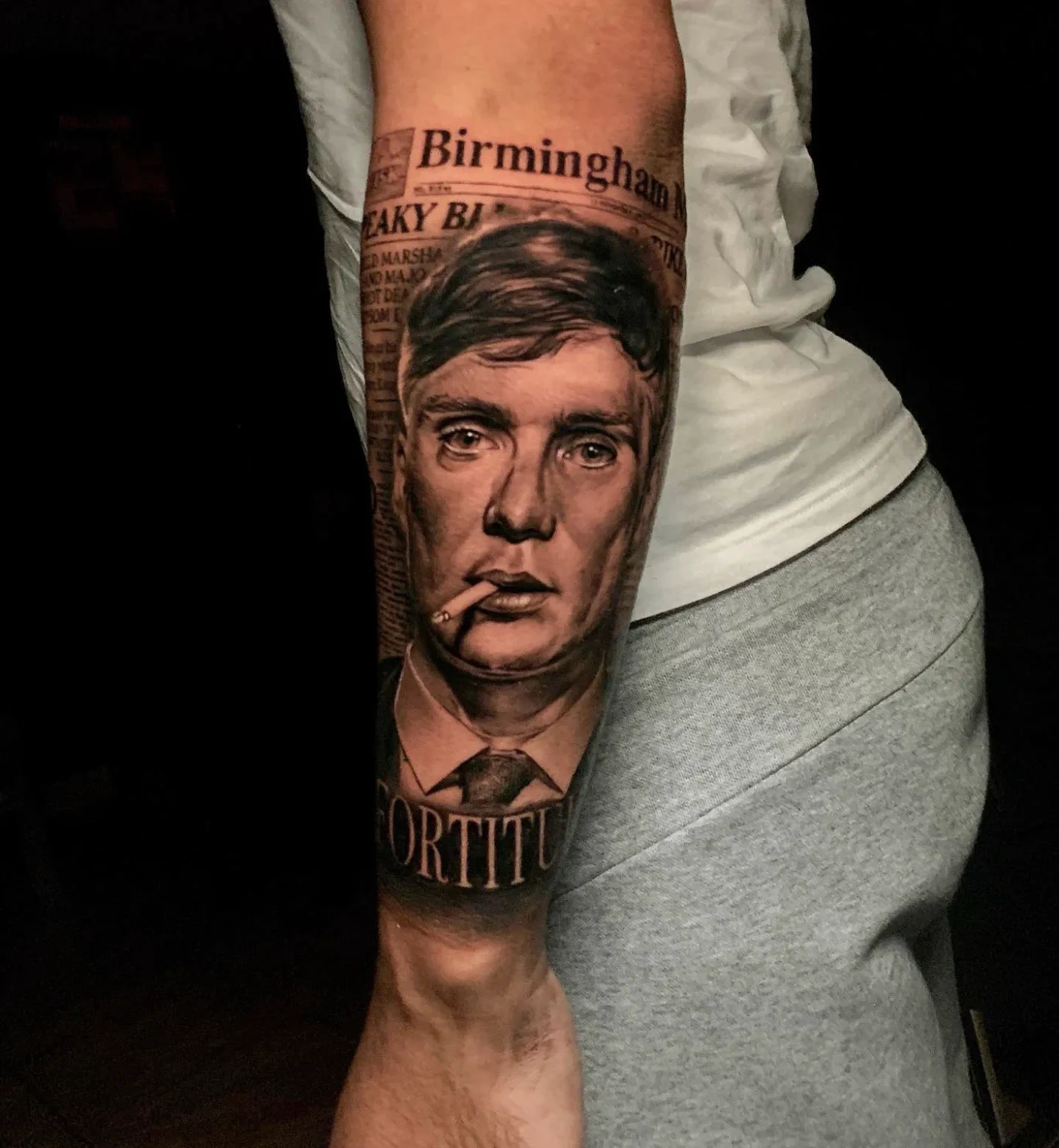 Cillian Murphy from Peaky Blinders black and gray portrait realism tattoo los angeles