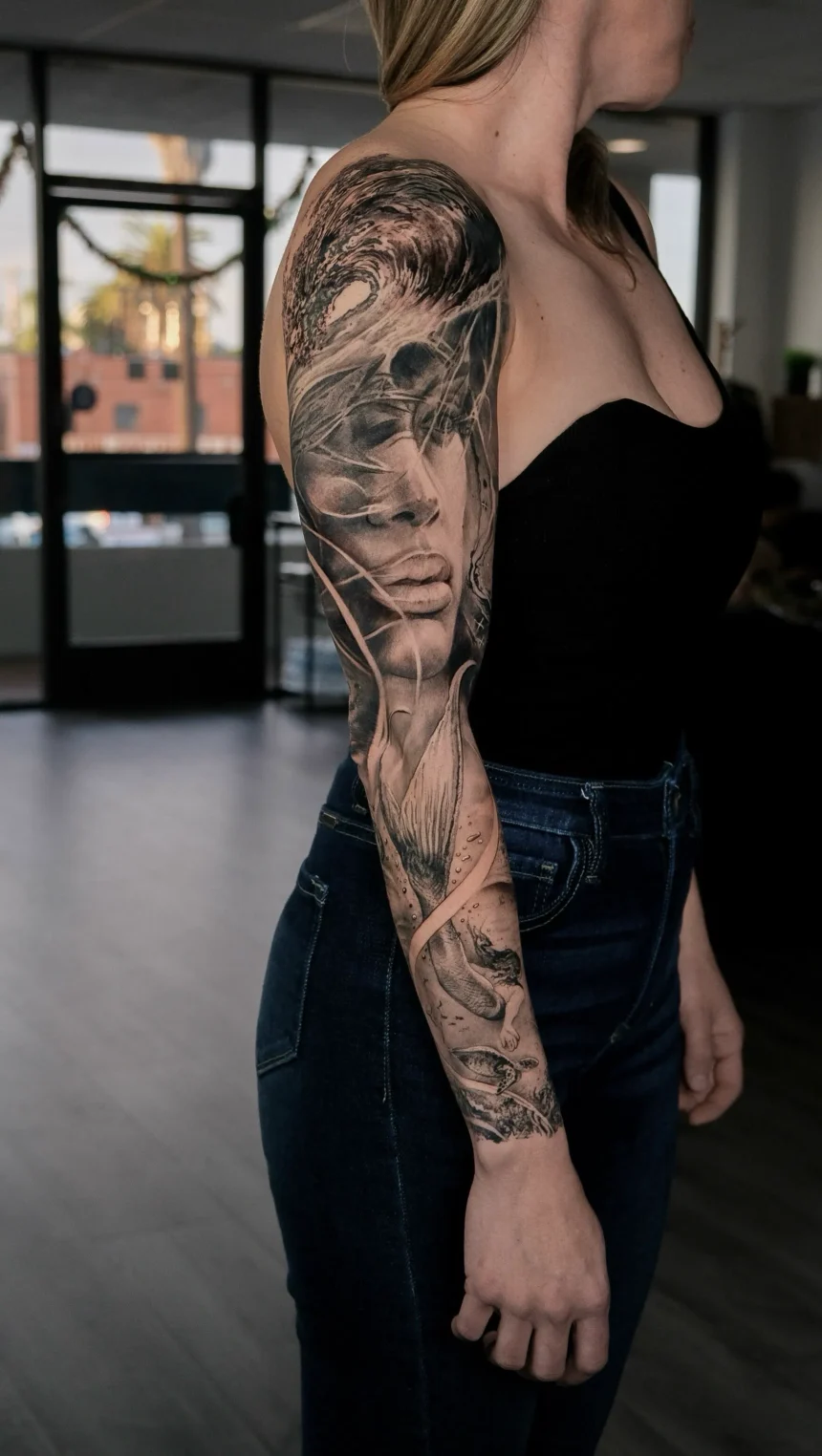 black and gray ocean waves realism sleeve tattoo los angeles