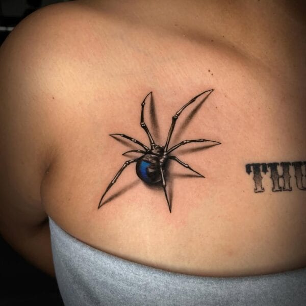 Realistic Spider Tattoo By Collarbone