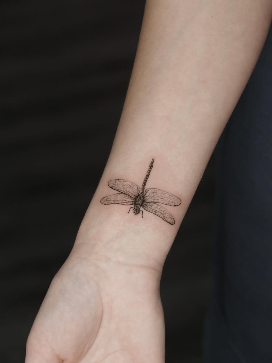 Delicate Fine Line Dragonfly Tattoo