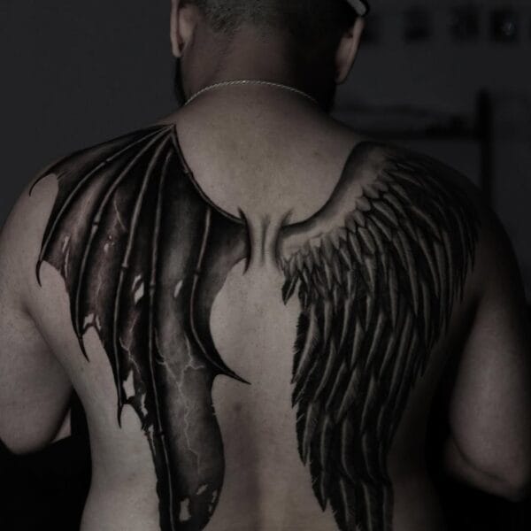 Full Back Angel And Demon Wings Tattoo