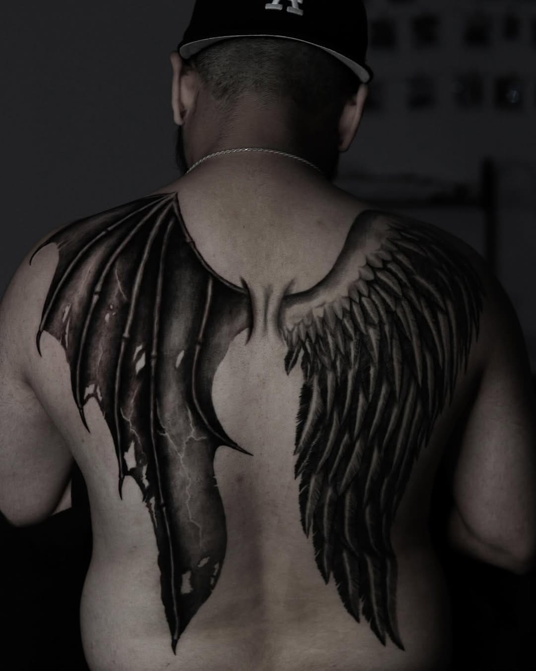 Full Back Angel And Demon Wings Tattoo