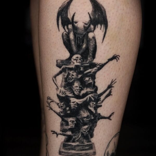 Gargoyle Welcome to Hell Tattoo On Lower Leg