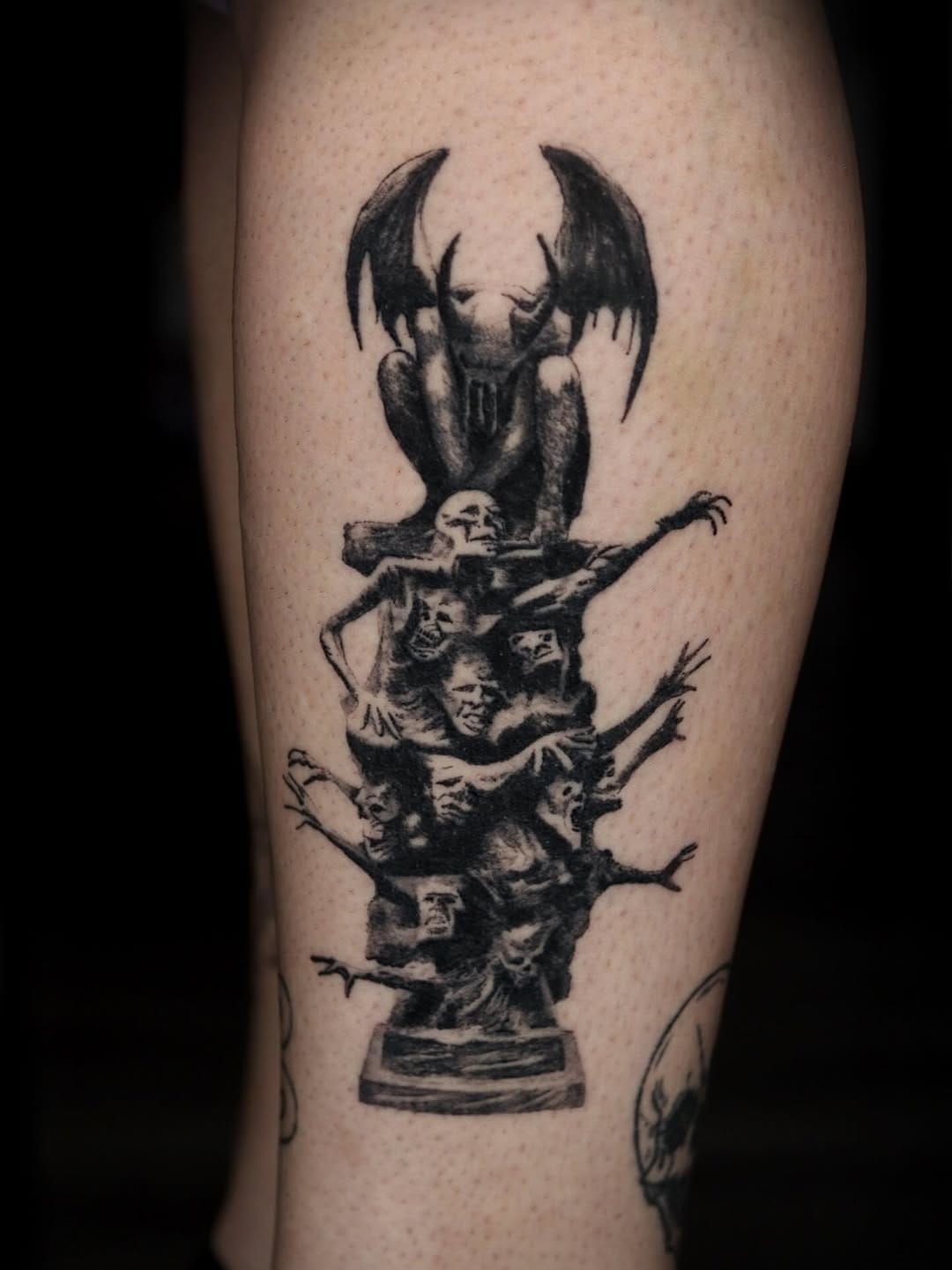 Gargoyle Welcome to Hell Tattoo On Lower Leg