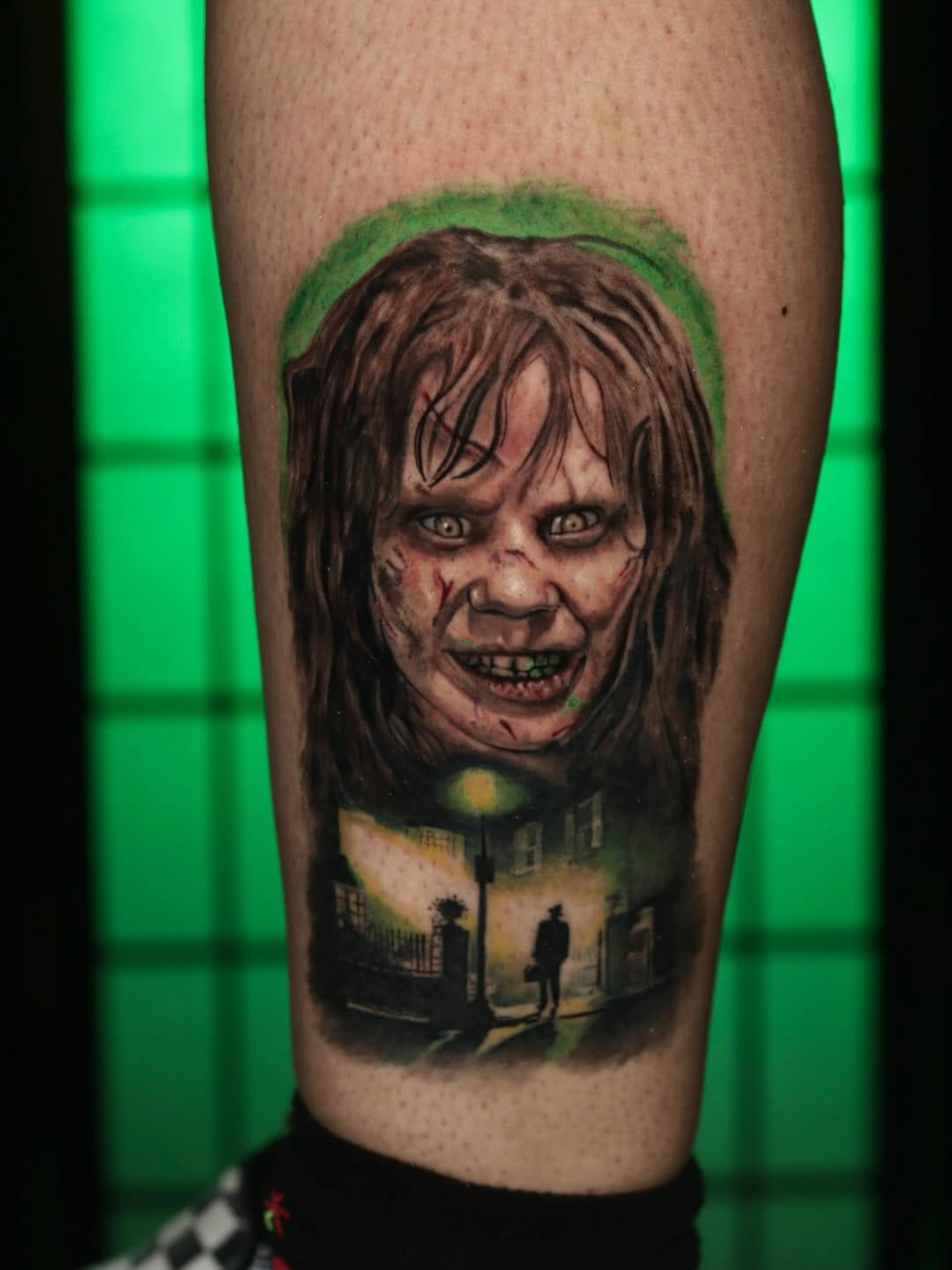Classic Horror Exorcist Tattoo With Atmospheric Color Touch