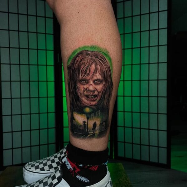 Classic Horror Exorcist Tattoo With Atmospheric Color Touch