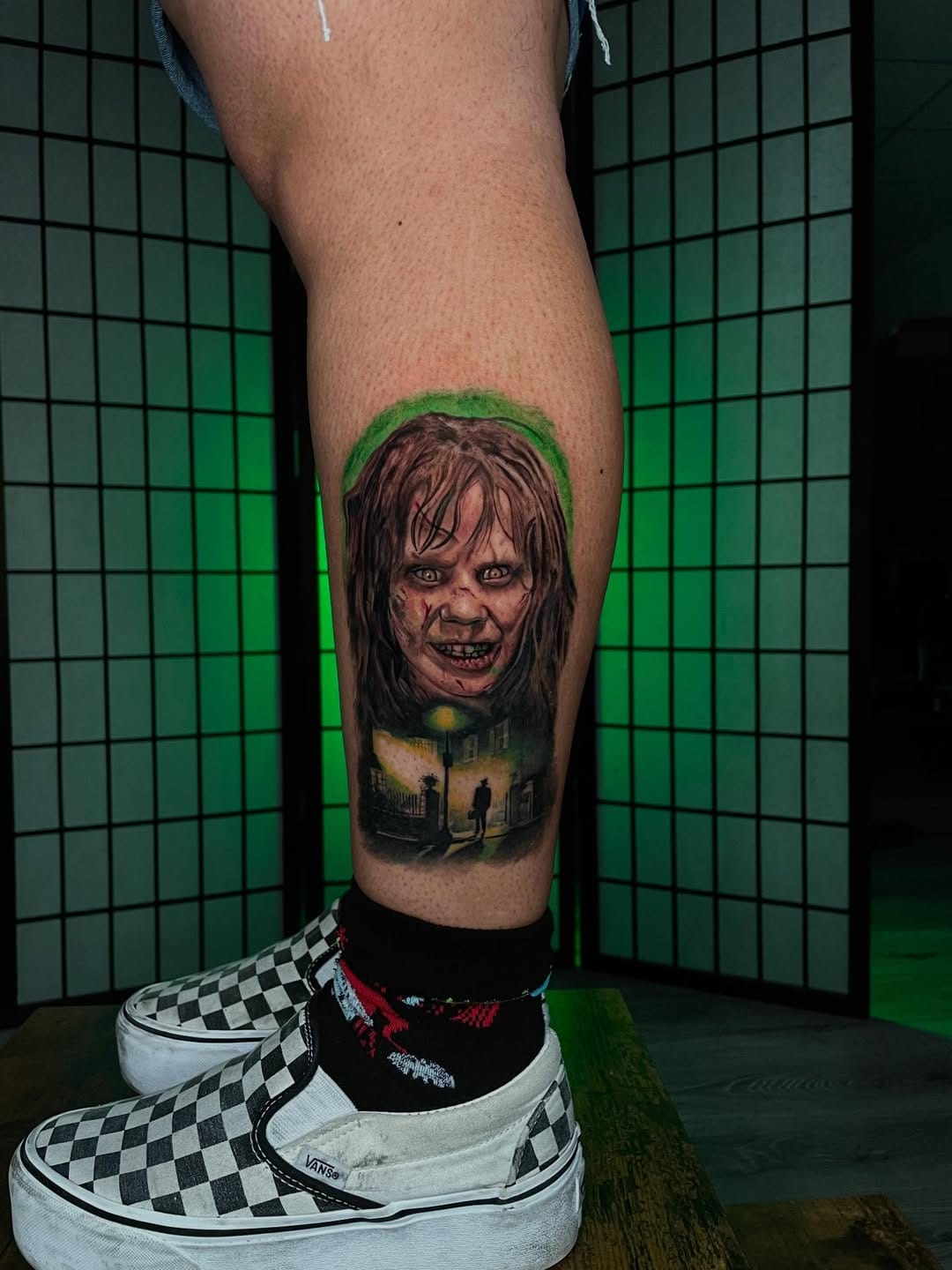 Classic Horror Exorcist Tattoo With Atmospheric Color Touch