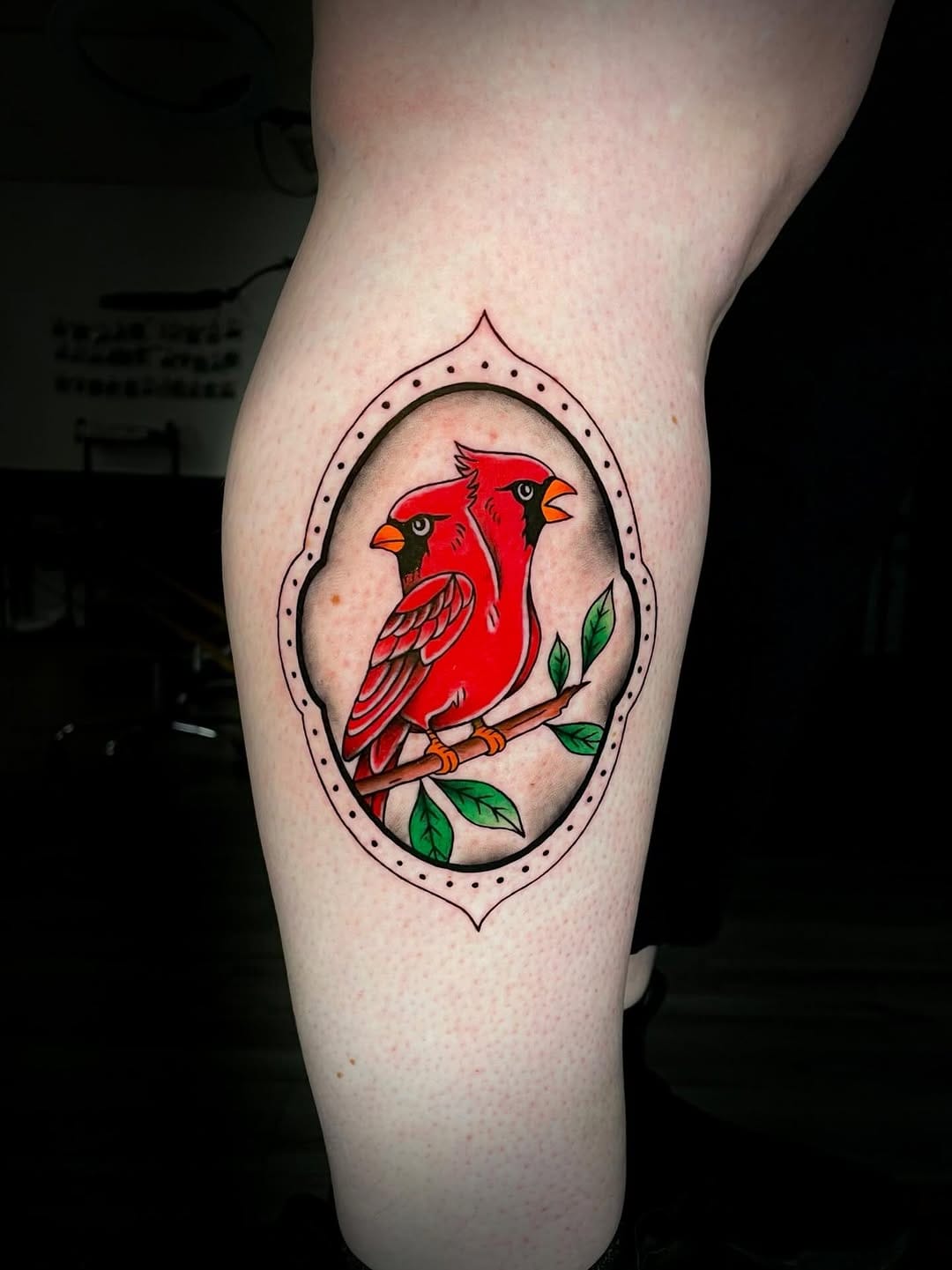 Traditional Red Cardinal Tattoo On Leg With A Modern Twist