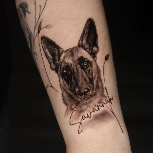 Realistic Dog Portrait Tattoo With Lettering On Arm