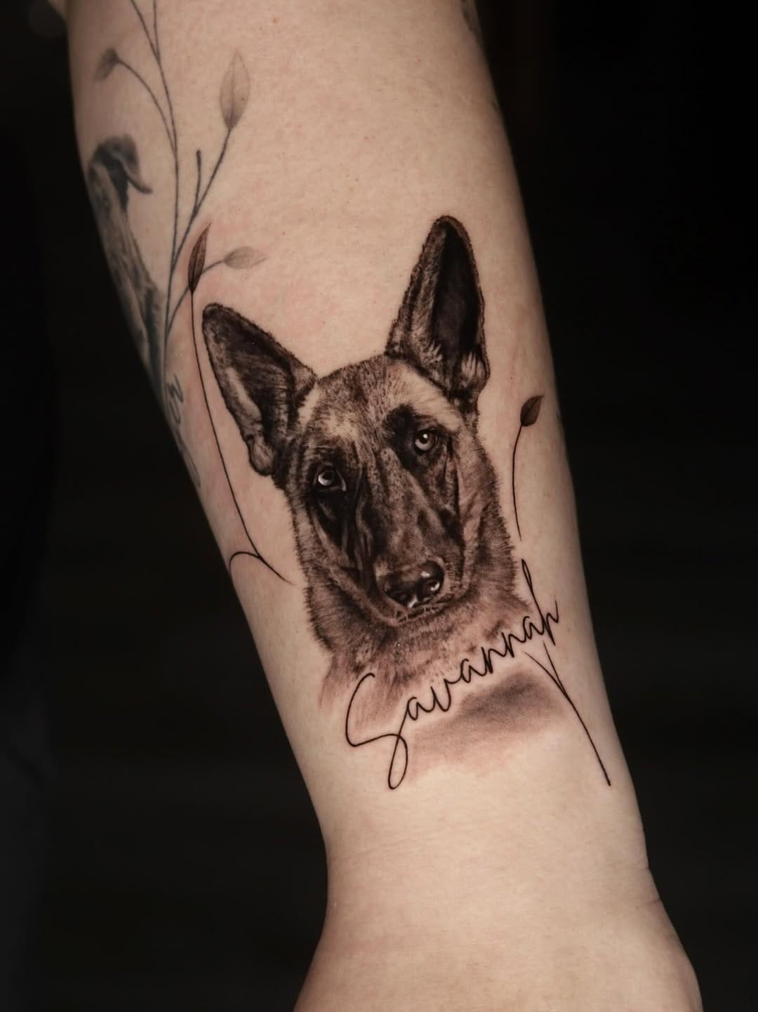 Realistic Dog Portrait Tattoo With Lettering On Arm