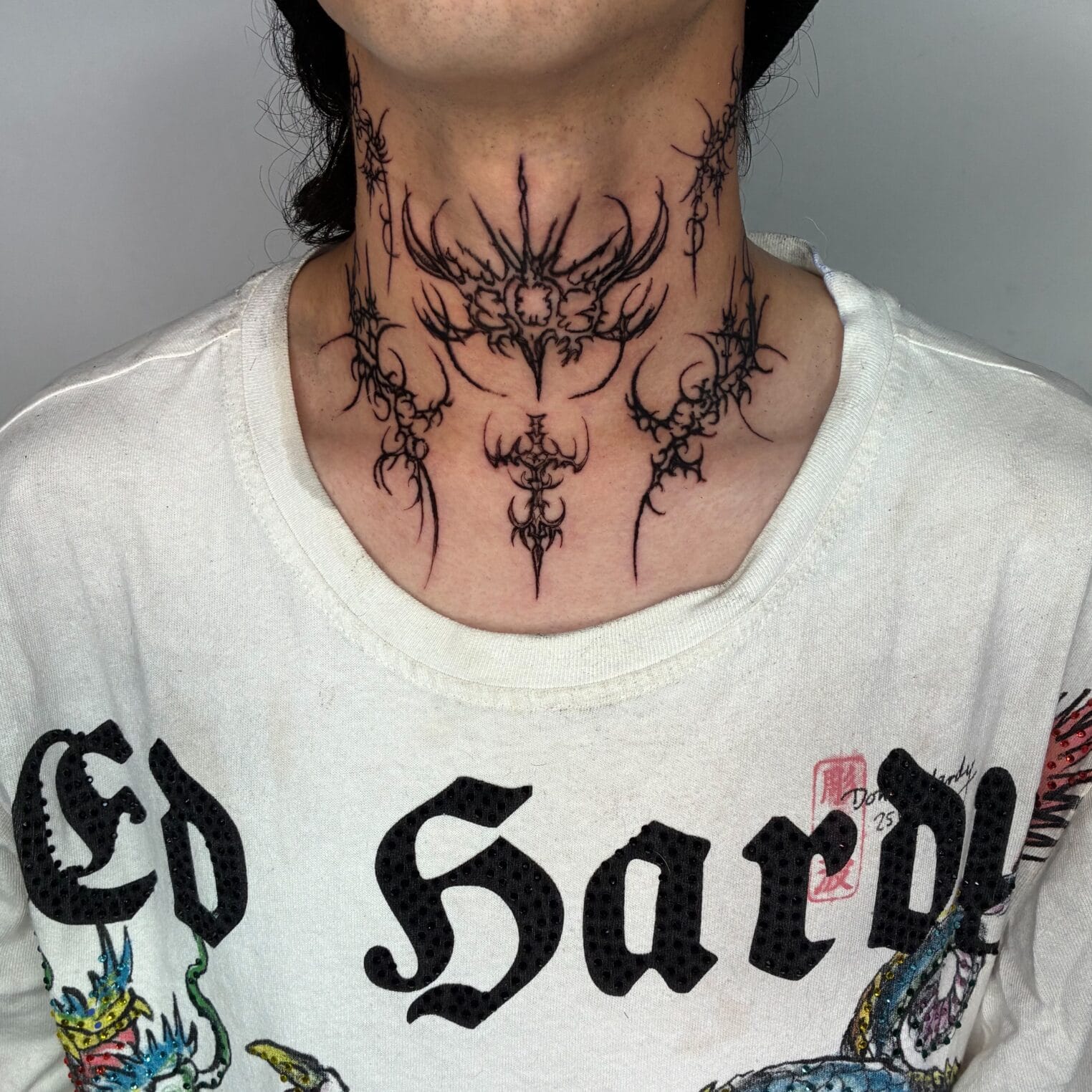 Black Ink Cybersigilism Tattoo On Neck