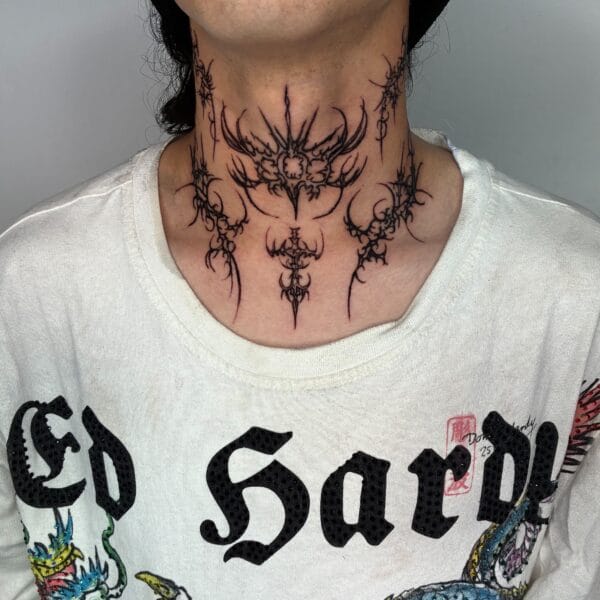 Black Ink Cybersigilism Tattoo On Neck
