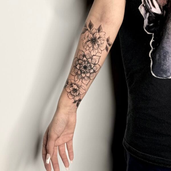 Delicate Flowers And Ornament Forearm Tattoo
