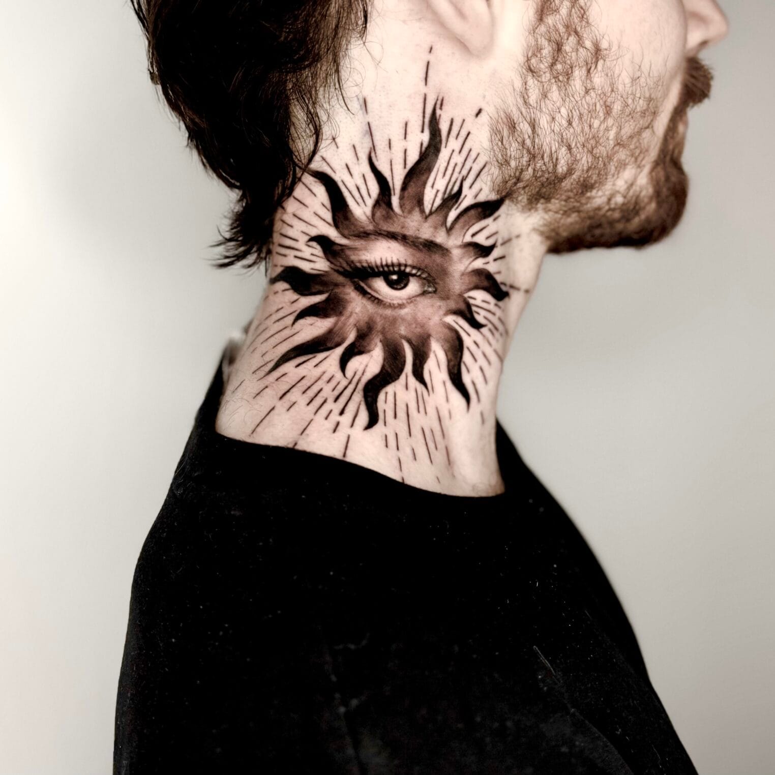Realistic Eye Neck Tattoo In Sun Frame