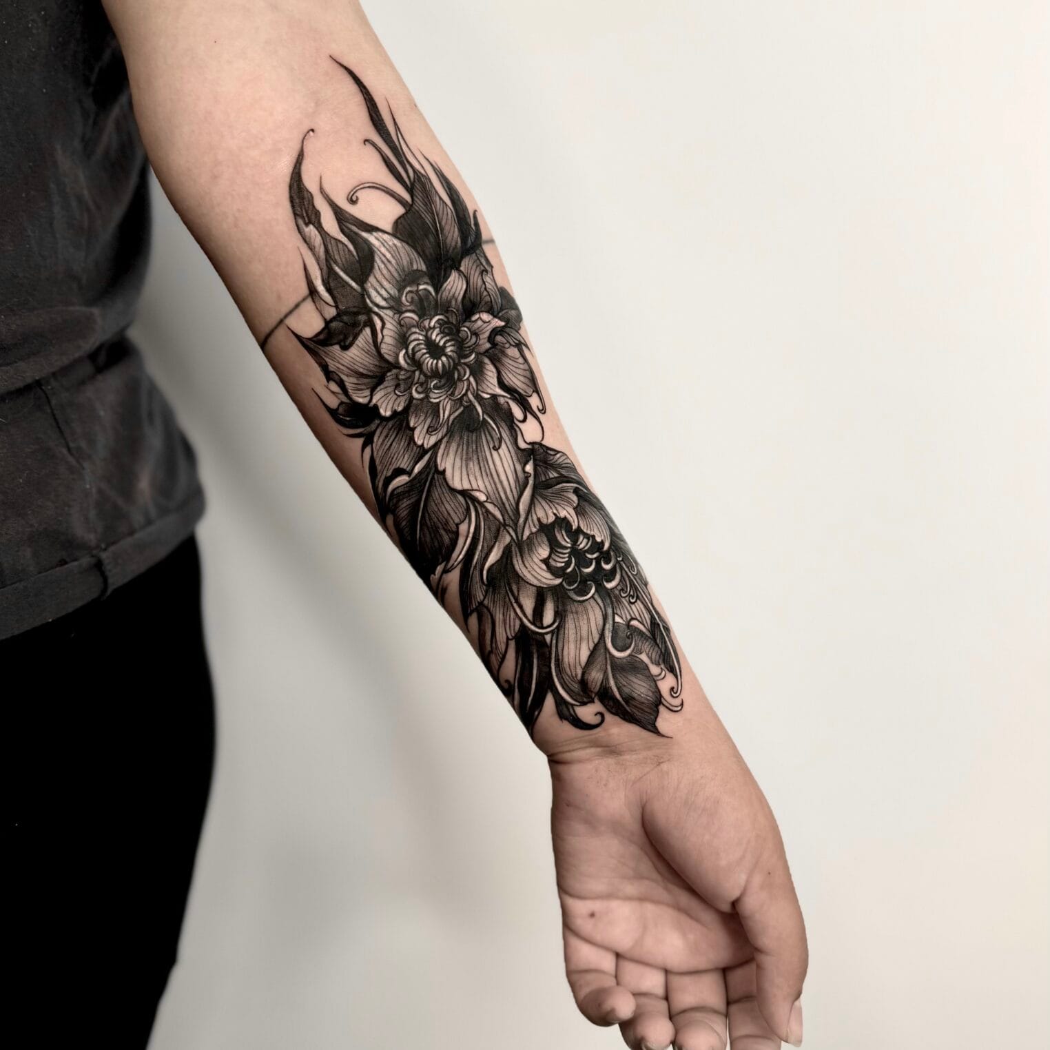 Black And Gray Floral Forearm Cover Up Tattoo