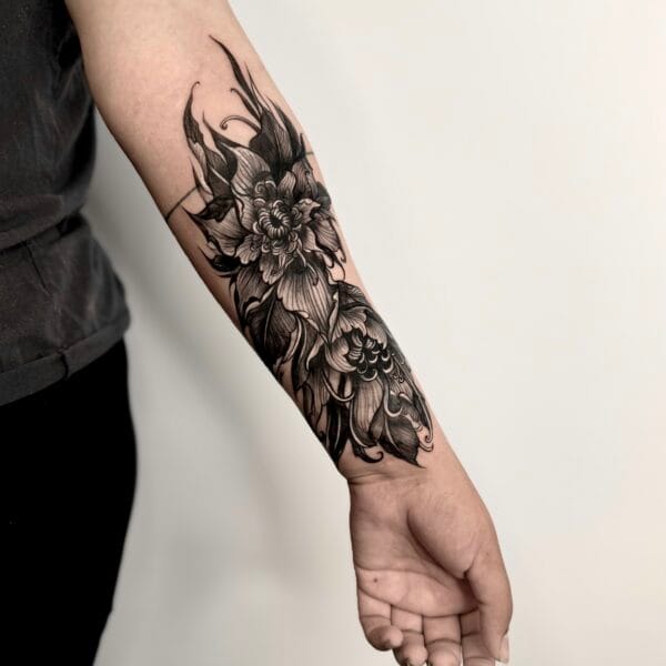 Black And Gray Floral Forearm Cover Up Tattoo