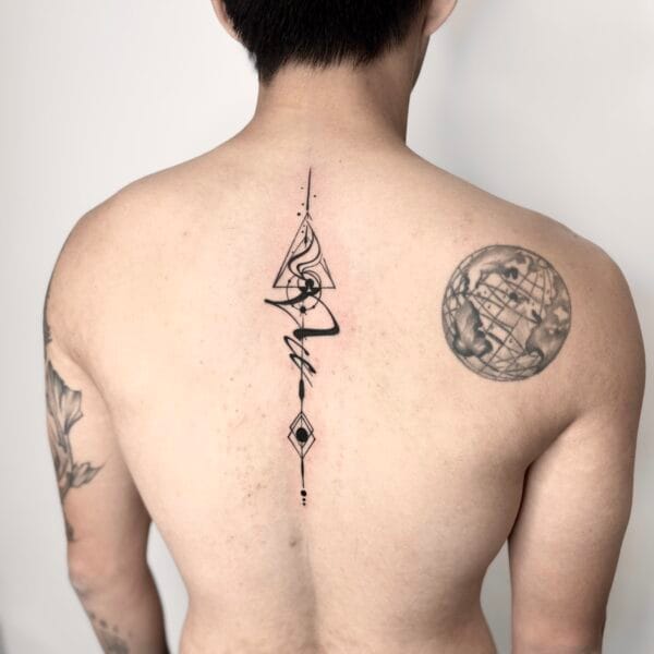 Minimal Fine Line Spine Tattoo With Abstract Shapes