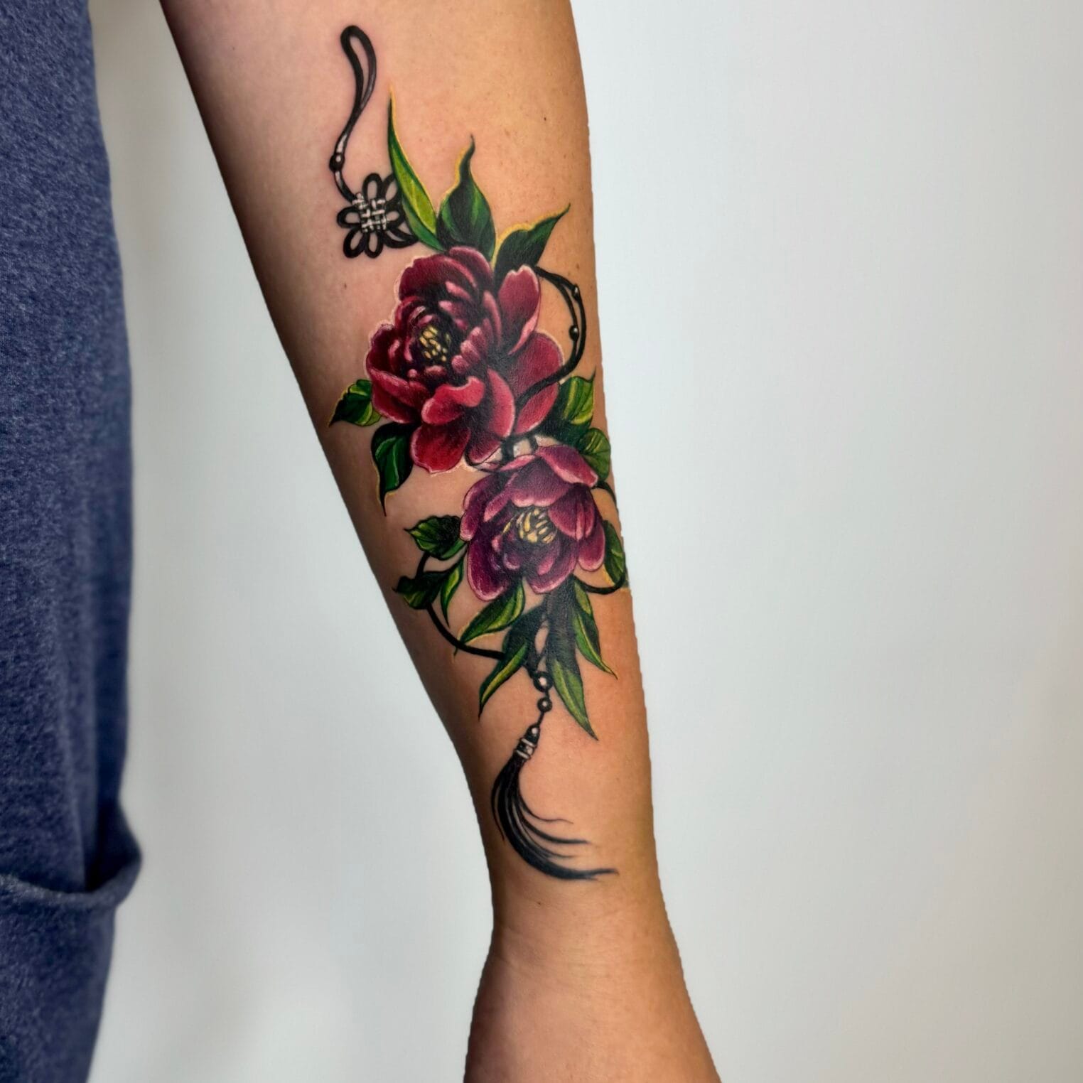 Red Peony Tattoo On Forearm