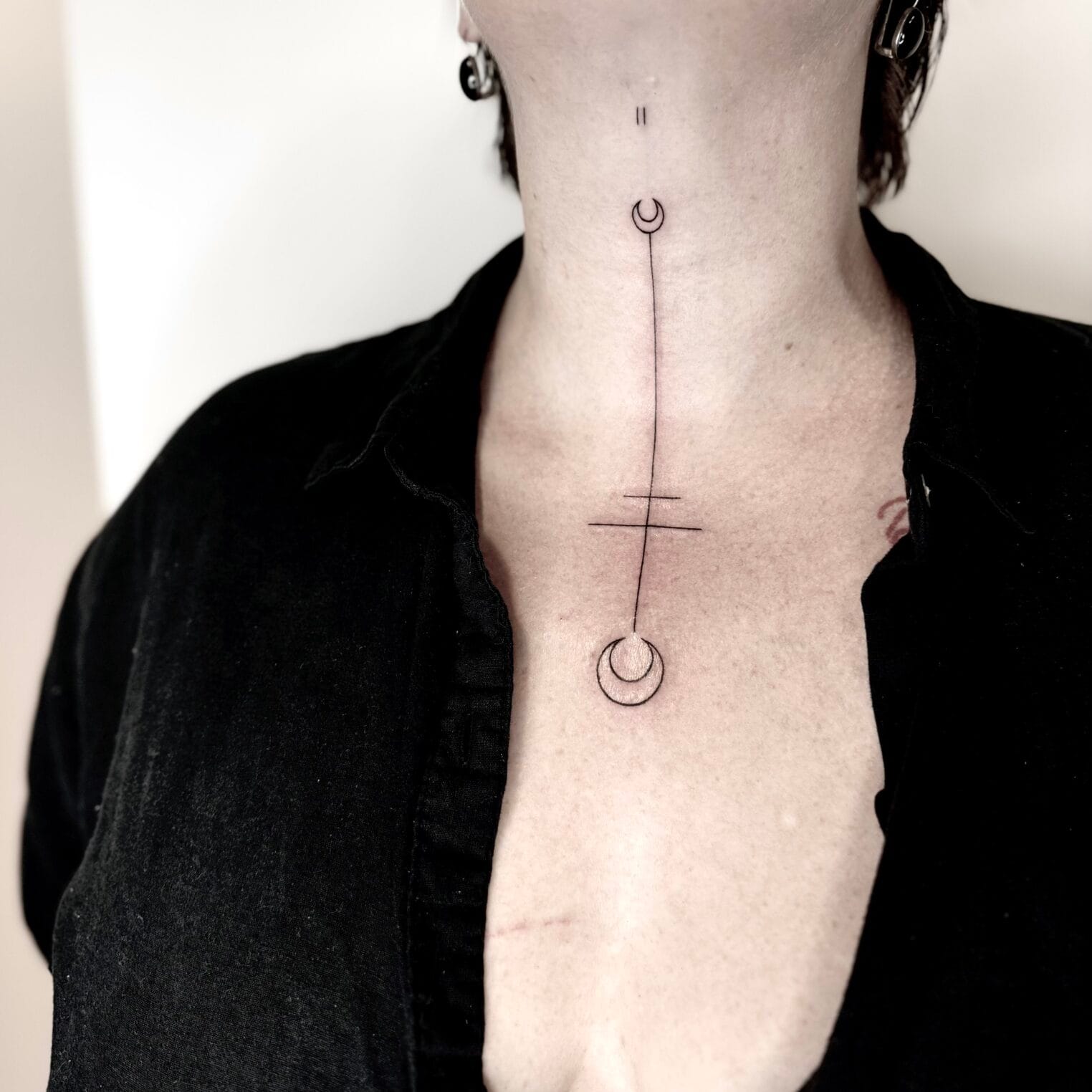 Fine Line Minimal Neck Tattoo With Moon Design