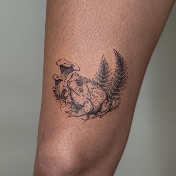 Fine Line Frog, Mushrooms and Leaves Tattoo Above Knee