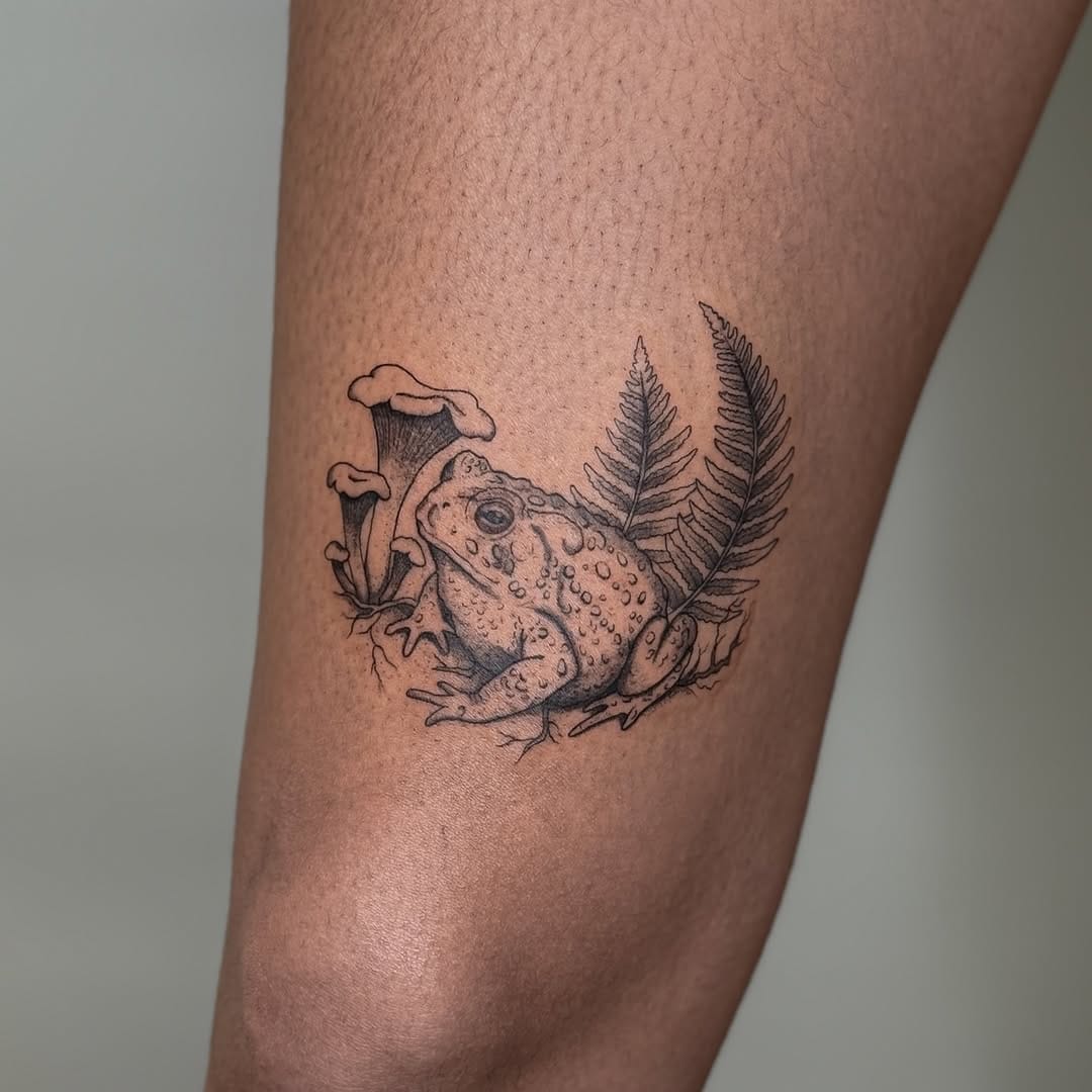 Fine Line Frog, Mushrooms and Leaves Tattoo Above Knee