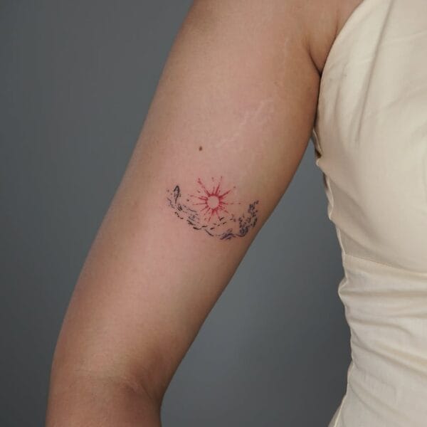 Minimalist Abstract Sun And Ocean Waves Upper Arm Tattoo