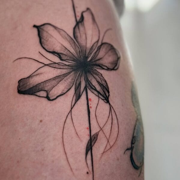 Abstract Flower Tattoo On Thigh With Fine Lines