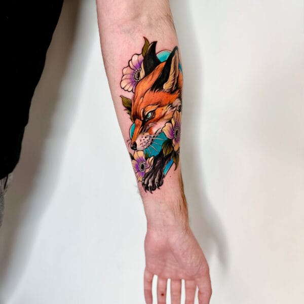 Colorful Neo Traditional Fox Tattoo On Forearm