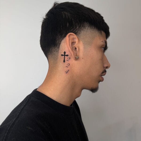 Lucky Numbers And Cross Behind The Ear Tattoo