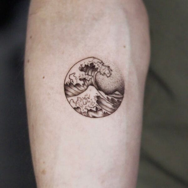 Fine Line Ocean Wave Forearm Tattoo In A Circle